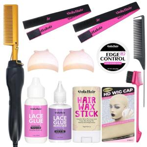 Dolahair Electric Hot Comb for Wigs Hair Straightener Electric Pressing Combs Lace Front Wigs Flat Iron Comb Lace Melting Band wig kit with hot comb wig installation kit